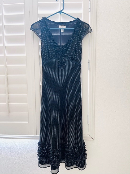 LOFT Dresses & Skirts - Ann Taylor LOFT Vintage Y2K Black and White Polka Dot Ruffle-Trim Midi Dress